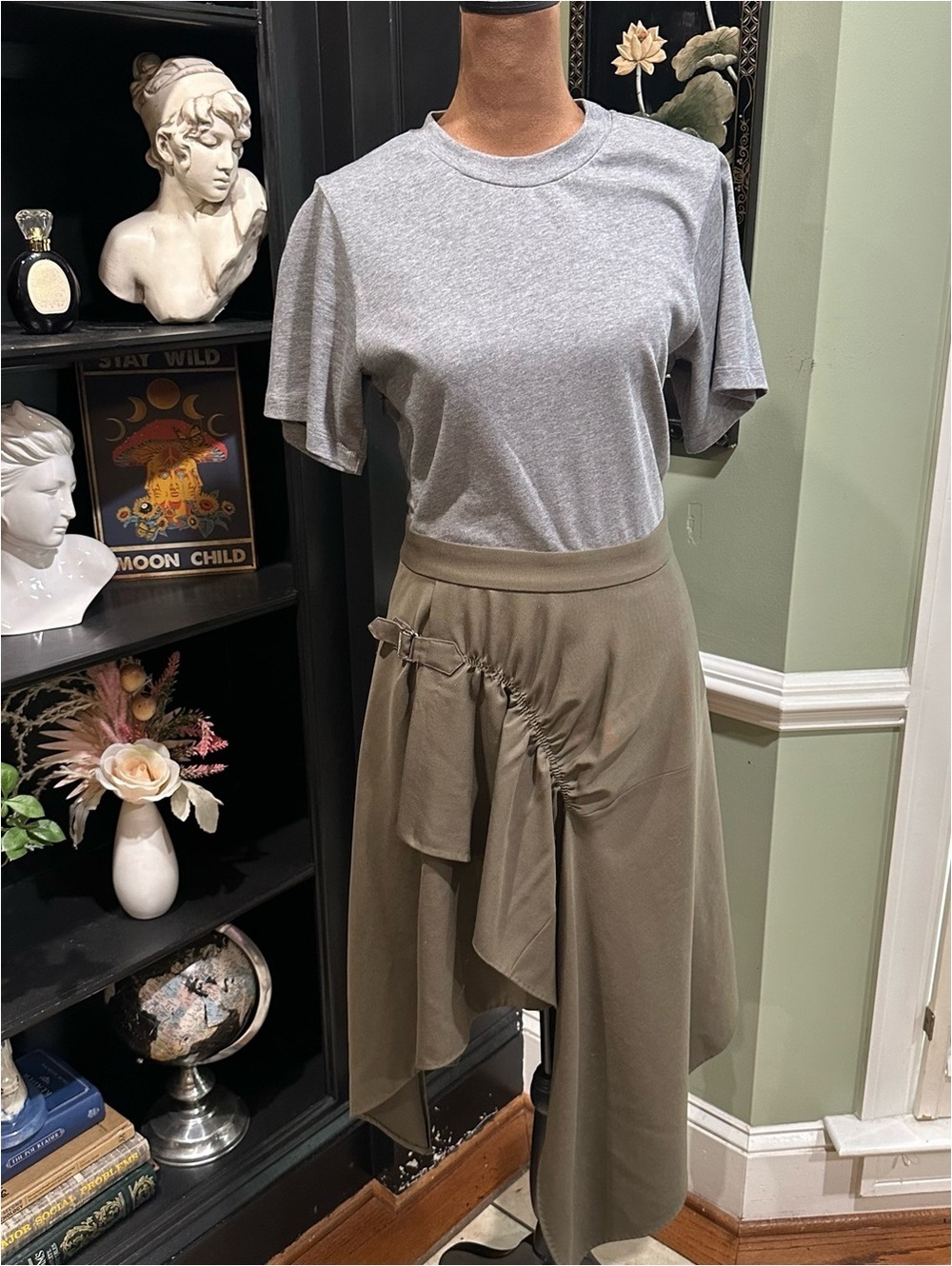 3.1 Phillip Lim Mixed‑Media Handkerchief Midi Dress Gray Jersey + Olive Wool